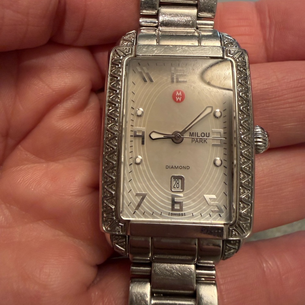 Michele Silver Rectangular Diamond Accent Milou Park Wristwatch